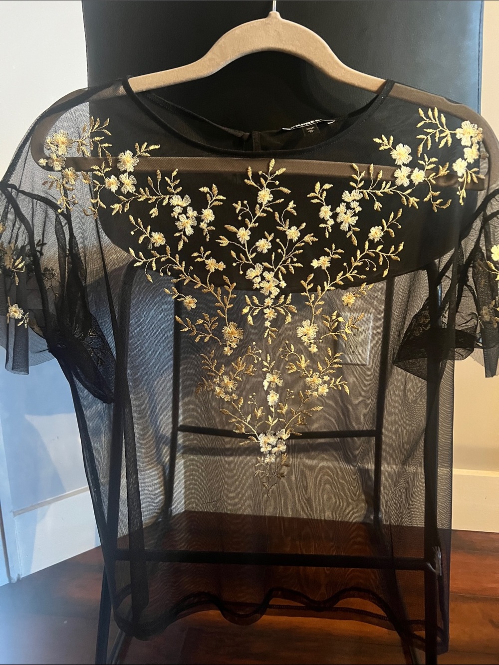 Express Sheer Black Mesh Top with Gold Floral Embroidery